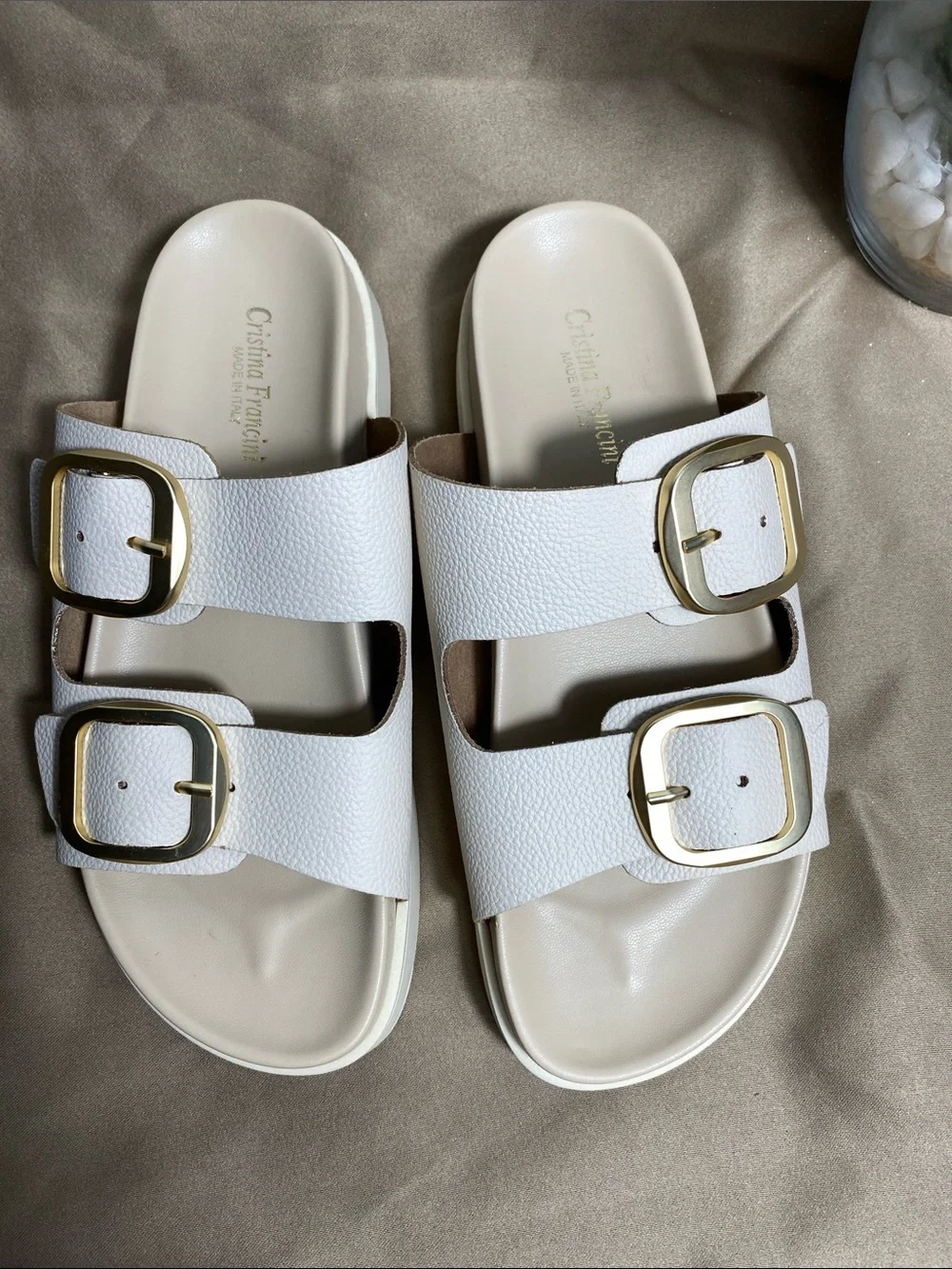 Cristina Francini White Leather Double Buckle Slide Sandals Size 7.5